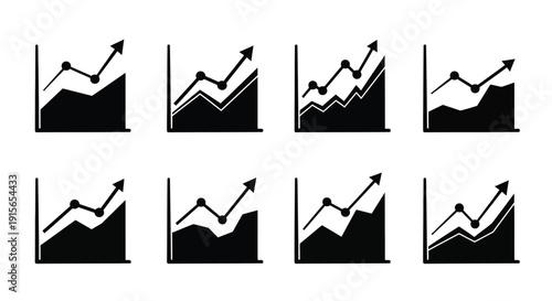 Black and white infographic depicting various growth charts and upward trends