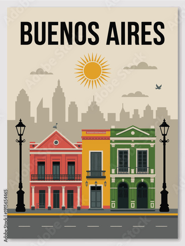 Buenos Aires Poster, urban street scene with flying bird minimalist travel illustration design