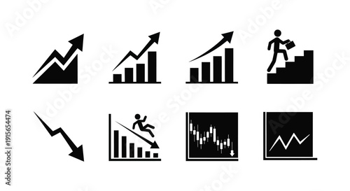 Black icons depicting financial growth decline and business progression