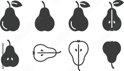 Pears in various forms, slice and shapes. Full pears, halves, and cross-sections