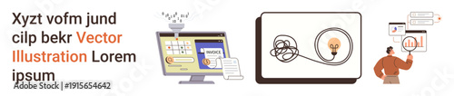 Business solutions, design thinking, creativity, technology, idea generation, and workflow management. A screen, tangled line to lightbulb and a person interacting with elements. Business solutions