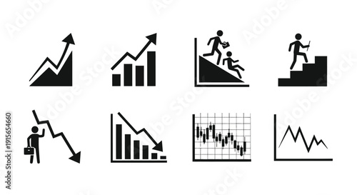 Black and white icons depicting growth decline and people ascending descending