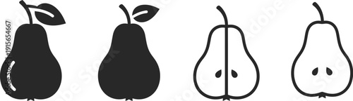 Pears in various forms, slice and shapes. Full pears, halves, and cross-sections