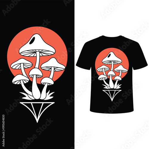 Stylized mushroom illustration presented as a design mockup on a t shirt