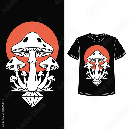 Mushroom and diamond graphic design presented on a dark t shirt mockup