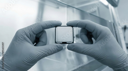 Close-up of a hand in a sterile glove holding a modern blank computer processor in a cleanroom laboratory.