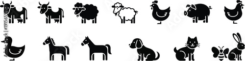Farm animals. Livestock cow, pigs, a sheep, a goat, a chicken, and horses. 