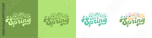 Hello Spring lettering set with nature doodles and eco icons, green typography collection for seasonal branding and environmental projects. Vector Hello Spring sticker lettering collection