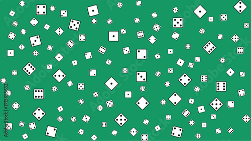 Random scattered dotted white six-sided two-dimensional dice on a green surface like a casino table. Illustration for topics like gambling, casino, dice game, casting dice, luck. Vector background. 