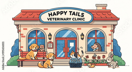 Colorful veterinary clinic with animals outside veterinary care concept