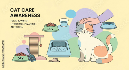 Cat care awareness with food water litter box and affection