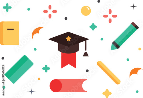 Graduation cap with books and pencils isolated on transparent background, Vector, illustration