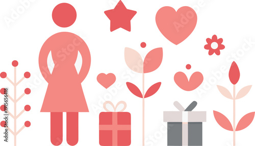 Pregnant woman with gifts and flowers isolated on transparent background, Vector, illustration