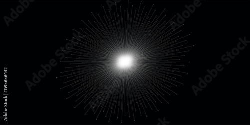 A bright white light surrounded by a cloud of small white dots on a black background resembling a star or celestial body