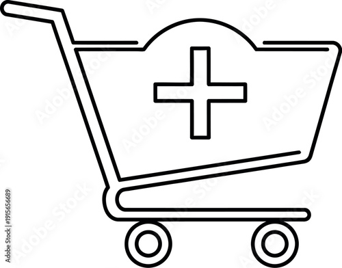 Simple black outline icon depicting a shopping cart combined with a medical plus sign symbolizing pharmacy or healthcare purchasing options for online services.