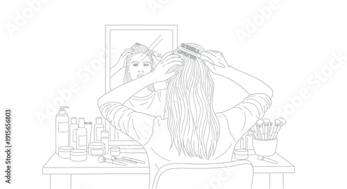 Woman carefully brushing her long flowing hair while looking into a vanity mirror surrounded by various skincare products and makeup brushes on a dressing table