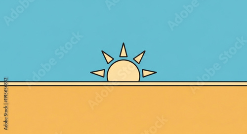 Minimalist sunrise over a sandy horizon simple flat vector illustration for travel and summer concepts clean design on blue sky background