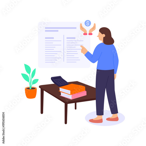 Balance Sheet, presenting assets liabilities and equity position, Flat vector character illustration