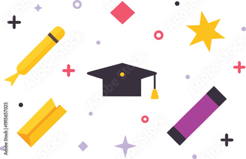 Graduation cap surrounded by colorful school supplies isolated on transparent background, Vector, illustration