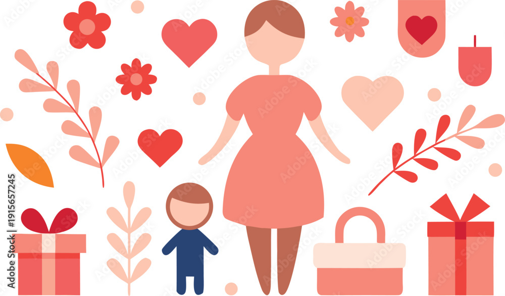 Fototapeta premium Mother and child with valentine's day gifts isolated on transparent background, Vector, illustration