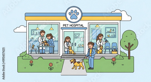 Veterinary clinic with pet hospital sign and people interacting with animals outside