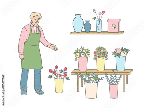 Male florist standing near flower pots and arrangements. Flat line vector illustration.