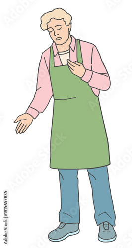 Male florist in apron showing gesture of regret after dropping bouquet. Flat line vector illustration