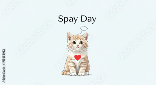 Cute orange tabby cat with heart symbol on chest and text 'spay day' on light background