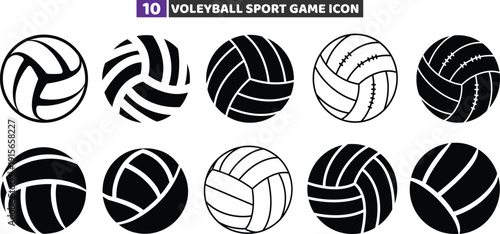 Volleyball Sport Game Icons Set, Black Silhouette and Line Art Ball Vector Collection
