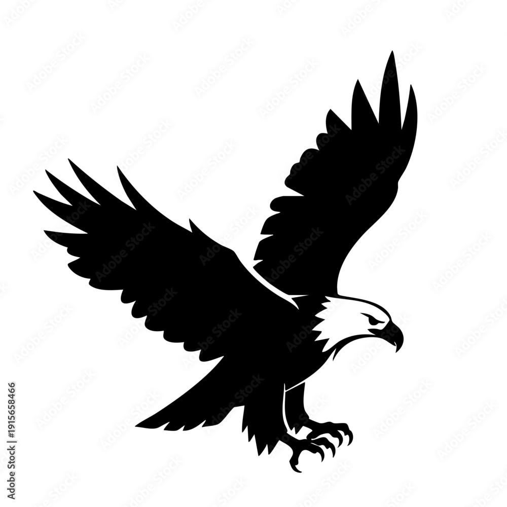 Fototapeta premium Black eagle vector illustration of a wild bird in flight featuring a powerful silhouette design with open wings for a nature symbol or tattoo art