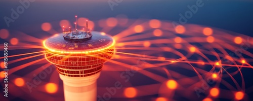 Futuristic control tower radiating digital connections and light, 3D render, vibrant orange, bokeh effect, concept of data flow and communication, concept art, technology