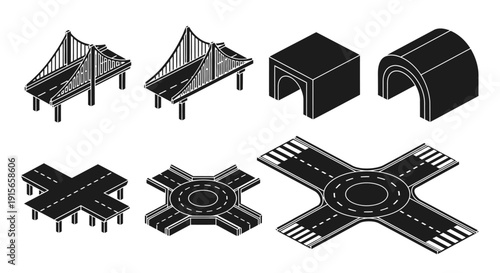Isometric illustrations of various road structures and junctions