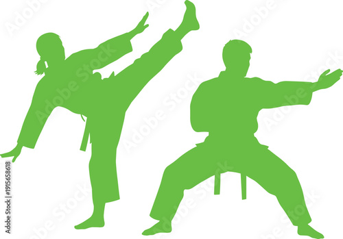 Two martial artists performing a dynamic kick and block technique in green silhouette form. isolated on transparent background, Vector