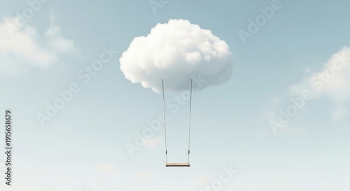 Simple wooden swing hanging from a fluffy white cloud in clear blue sky