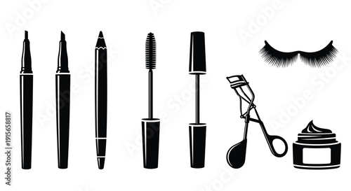 Cosmetic products arranged in a row including eyeliner mascara and lashes