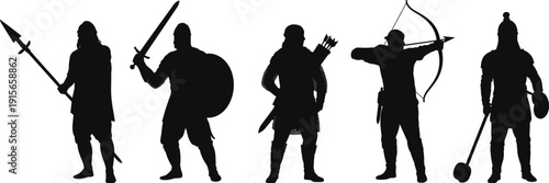 Medieval warrior silhouettes set with knight archer and spearman, historical combat characters collection, ancient soldiers vector illustration isolated