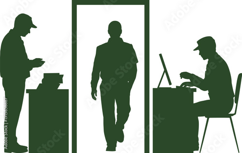 Airport security screening silhouettes with passenger walking through metal detector and officer inspection, travel safety checkpoint vector illustration scene