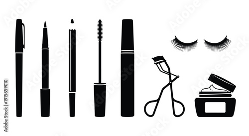 Black silhouette icons depicting various cosmetic makeup tools and products