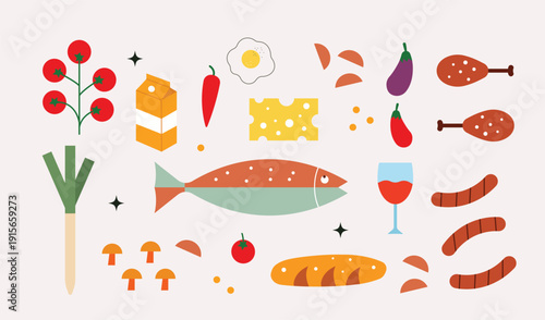 Flat Food Icon Set – Colorful Vector Collection of Vegetables, Fish, Chicken Drumsticks, Sausages, Bread, Cheese, Wine, Milk, Egg, Mushrooms and Fresh Grocery Elements in Modern Minimal Style