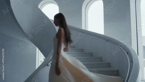 Elegant Woman in Flowing White Dress Descending a Modern Spiral Staircase With Arched Windows