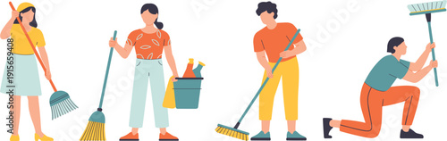 Group of diverse people cleaning with brooms, brushes, and buckets, janitors and characters doing housework, cad drawing flat vector illustration, isolated on white.