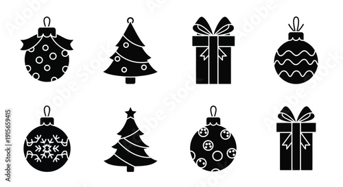 Black and white illustrations of various christmas ornaments and decorations