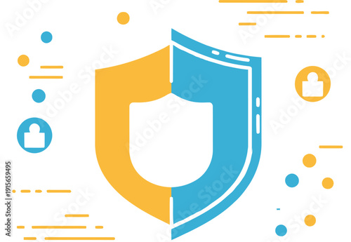 Stylized digital illustration of a split yellow and blue shield icon representing strong network security and data protection services against cyber threats effectively visualized