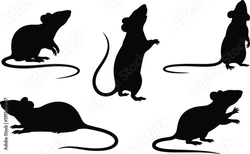 Rat silhouettes collection, rodent animal icons isolated on white background for pest control, wildlife, and zoology design