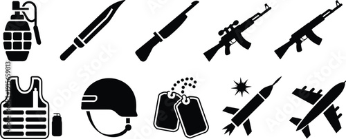 Military equipment silhouettes set, army weapons and tactical gear icons isolated on white for defense, security, illustration design