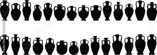 Ancient amphora silhouettes collection, Greek pottery vase set, ceramic urn shapes, classical antique containers, black silhouette illustration pack