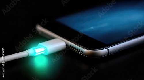 Charging Cable Connects to Smartphone With Green Light Glowing Softly in Dark Setting