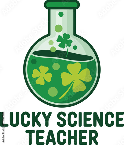 Lucky science teacher beaker with shamrocks and bubbles isolated on transparent background for science education