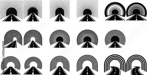 Road tunnel silhouettes collection, highway perspective icons set, tunnel entrance designs, transport infrastructure symbols, black silhouette illustration pack