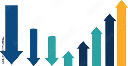 Decline to growth infographic with downward and upward arrows, recovery concept, flat vector illustration for business and performance design